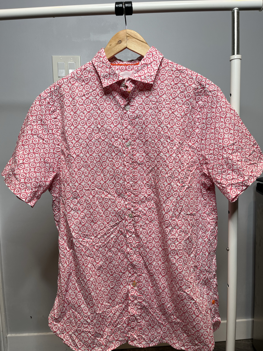 SWIMS Men's Campagnia Short Sleeve Button Up Shirt Red White Geometric Print Sz